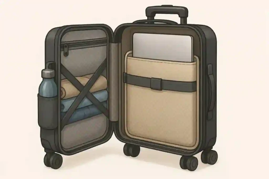 Luggage Buying Guide: How To Choose the Right Suitcase for Your Next Trip 6 Internal diagram or photograph of a travel backpack showing a dedicated, padded sleeve designed for a laptop and a separate, easily accessible water bottle pocket.