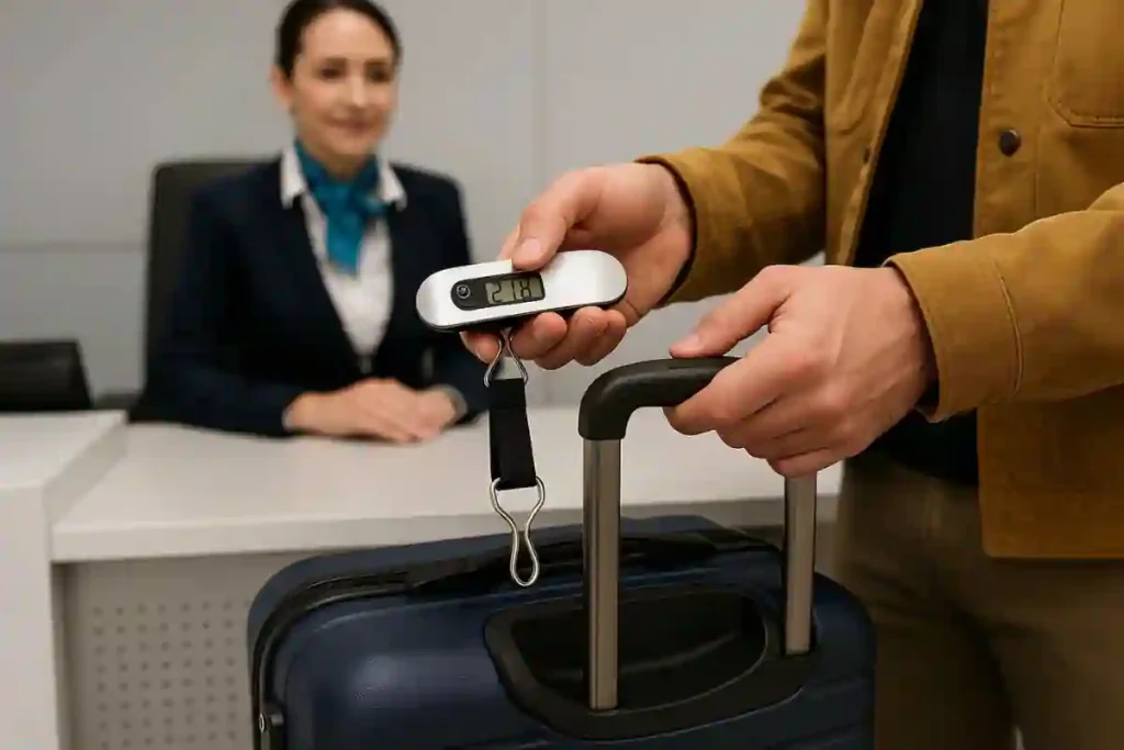 Luggage Buying Guide: How To Choose the Right Suitcase for Your Next Trip 3 A traveler using a small digital luggage scale clipped to a suitcase handle to verify the baggage weight before checking in at the airline desk.