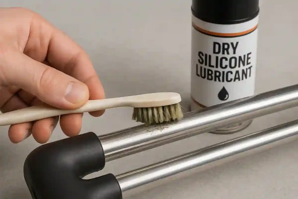 Flat lay of screwdriver, dry silicone spray, screws, glue, and cloth arranged for DIY suitcase handle repair