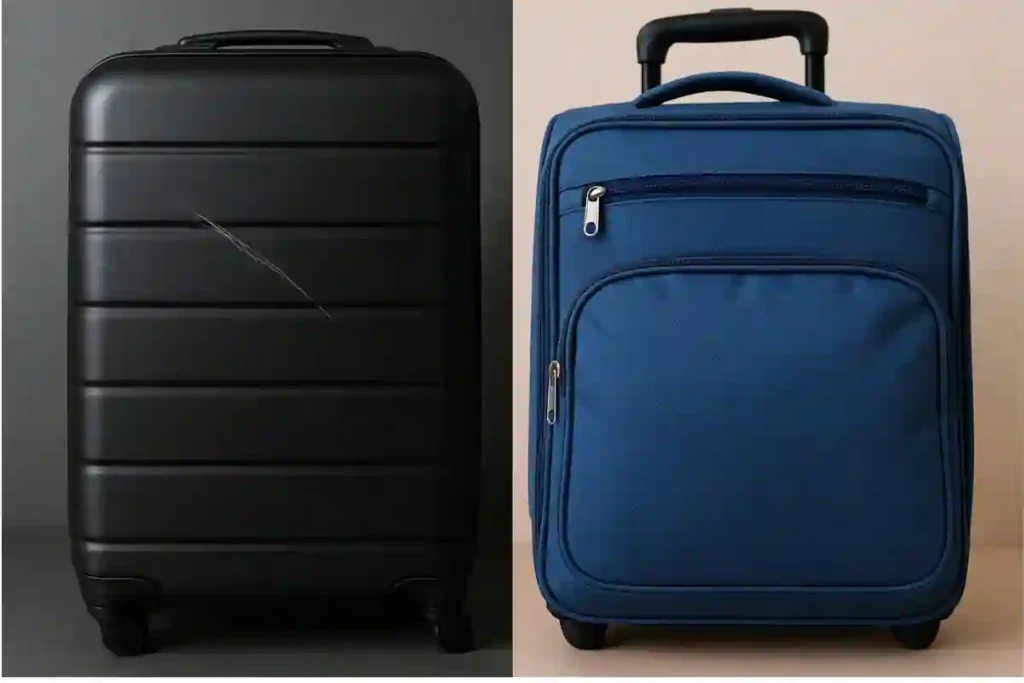 Luggage Buying Guide: How To Choose the Right Suitcase for Your Next Trip 1 Split image showing the difference between a durable hard-shell suitcase (with a scratch) and a flexible, overstuffed soft-sided suitcase.