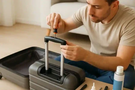 Illustration of a traveler repairing a broken telescopic suitcase handle with tools beside the luggage, showing a step-by-step DIY luggage repair process