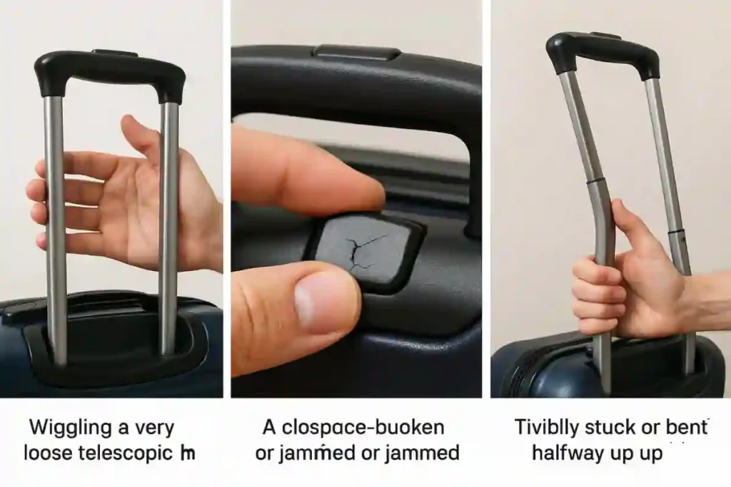Illustration of a traveler repairing a broken telescopic suitcase handle with tools beside the luggage, showing a step-by-step DIY luggage repair process