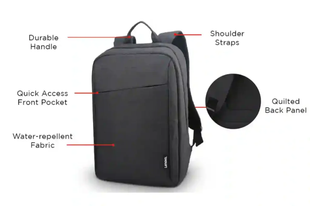 Simple and minimalist LENOVO laptop backpack with two main compartments for basic tech carry.
