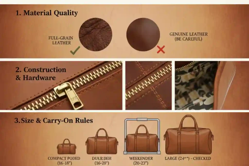 Best Leather Duffel Bags of 2026: Expert Picks for Travel, Work & Weekend Trips 11 Close-up of full-grain leather texture, stitching, and YKK zipper used in high-quality duffle bags.