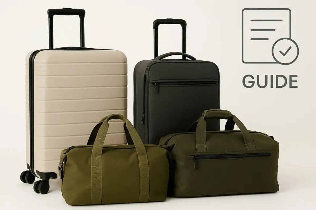 Luggage Buying Guide: How To Choose the Right Suitcase for Your Next Trip Comparison of suitcase styles including hard-shell, soft-shell, duffel bags, and carry-ons for a 2025 luggage buying guide.
