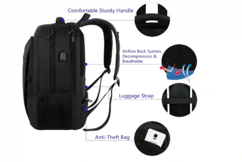 MATEIN 35L laptop backpack with USB charging port and multiple compartments shown in black.