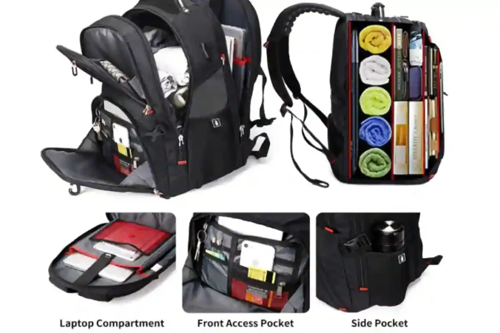 SHRRADOO 50L large-capacity travel backpack with USB port and multiple compartments for maximum storage.
