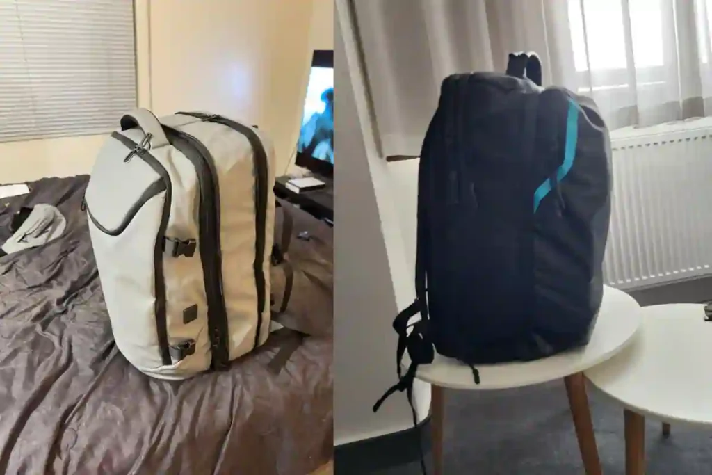 Expandable black TANGCORLE 50L backpack packed for international travel