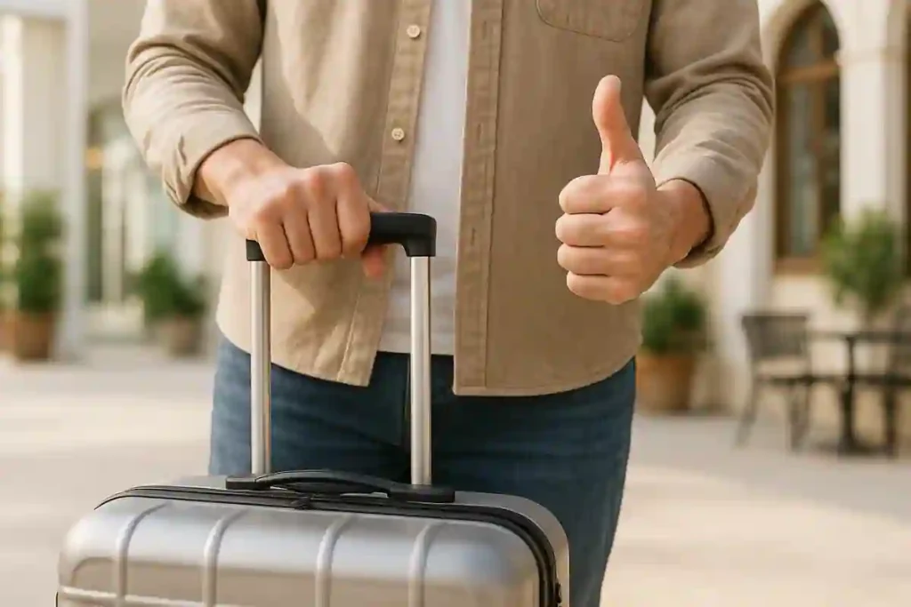 Traveler using a cloth and silicone spray to clean and lubricate a stuck telescopic handle on a hard-shell suitcase