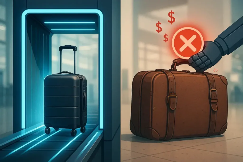 Stressed traveler trying to force an oversized carry-on bag into a metal sizer at a US airport gate, symbolizing the stricter 2026 baggage rules.