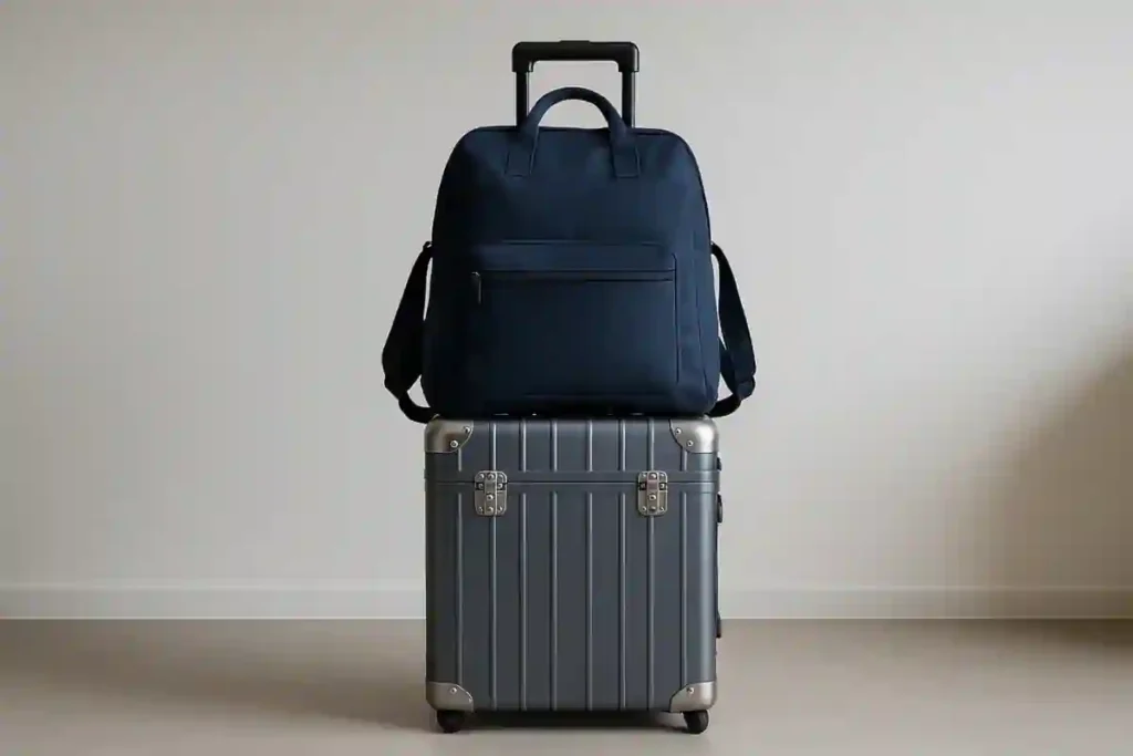 Luggage Buying Guide: How To Choose the Right Suitcase for Your Next Trip 4 A tall, square-shaped trunk-style suitcase standing with a large backpack or tote bag securely resting on its wide, two-rail telescoping handle.