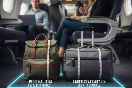 Traveler comparing an under-seat carry-on bag and a personal item bag at the airport gate to avoid extra airline fees