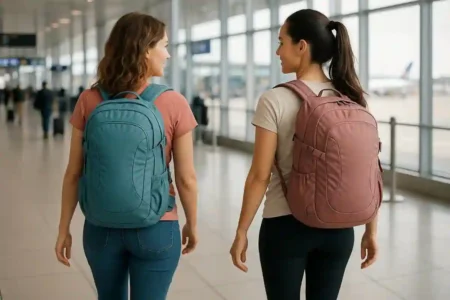 Top 9 Expert-Approved Travel Backpacks for Women (2026): Comfort, Versatility & Fit Two women walking through an airport wearing comfortable travel backpacks in teal and rose colors, highlighting stylish and functional backpack designs for women travelers.