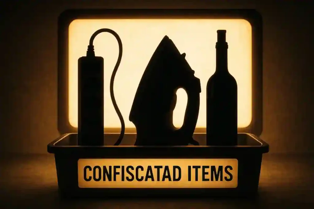 A security X-ray graphic showing the three most commonly prohibited cruise items: an electric iron, a surge-protected power strip, and a bottle of liquor marked for confiscation.