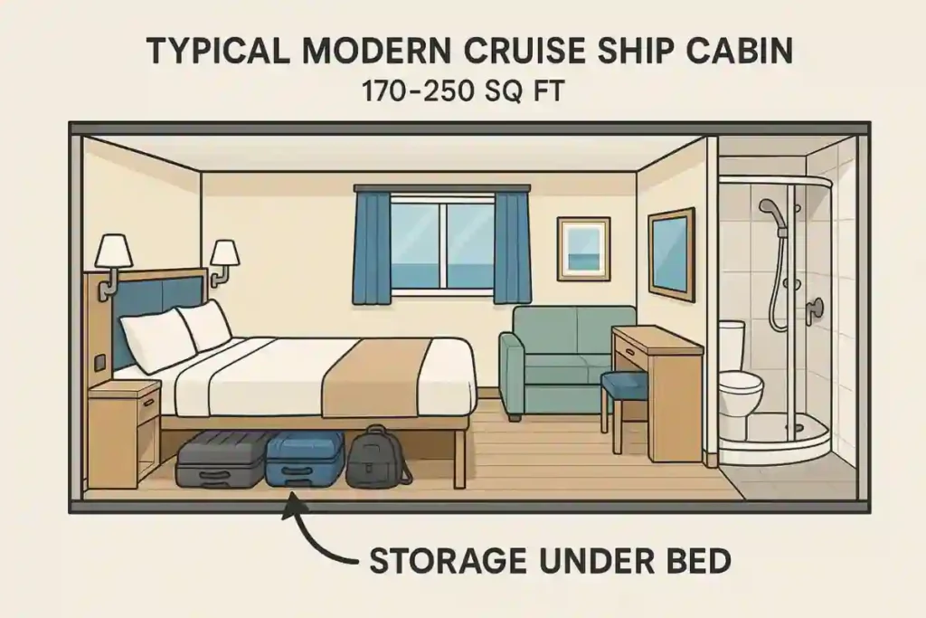 -Cruise Luggage Rules in 2026 (What’s Allowed & Banned) Visual guide showing two suitcases stored neatly underneath a cruise cabin bed to maximize open floor space and reduce clutter.