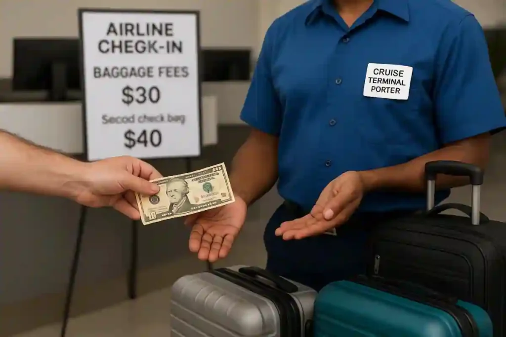 A traveler tipping a uniformed cruise terminal porter who is handling a stack of luggage, illustrating the hidden costs of baggage handling.