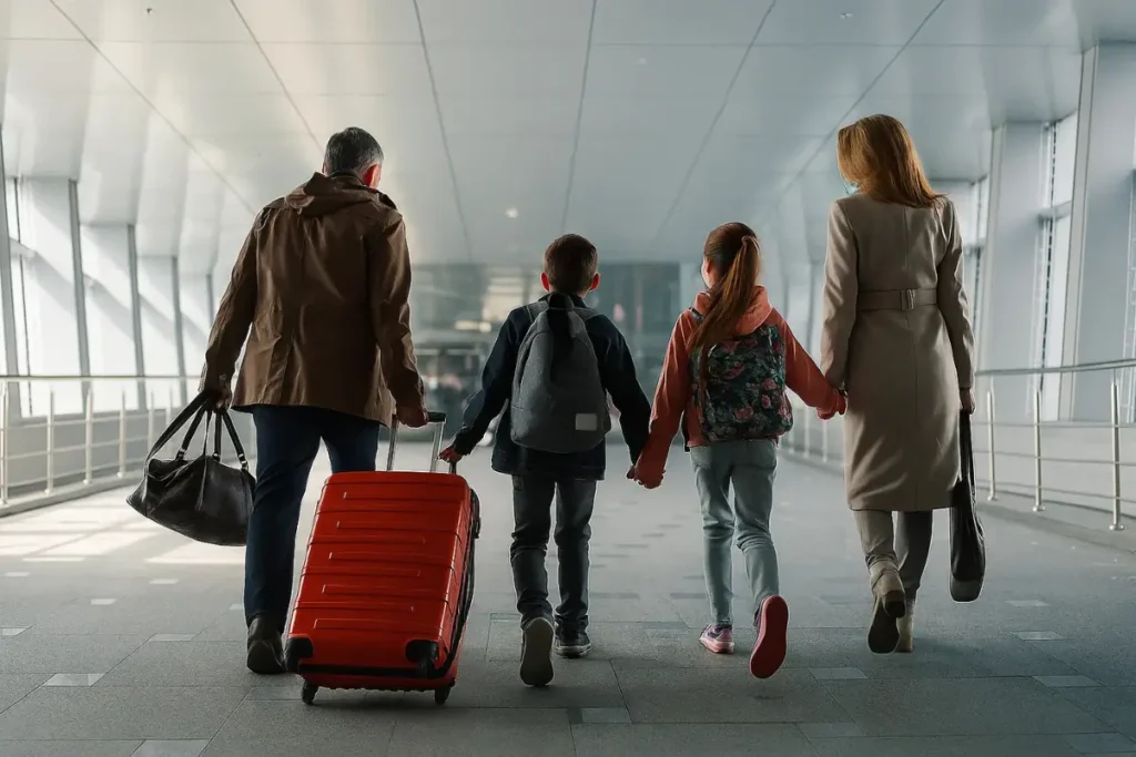 cruise-luggage-rules-2026- Family of four (two adults and two children) walking through a bright airport or cruise terminal, pulling a large red suitcase and ready for their cruise vacation.
