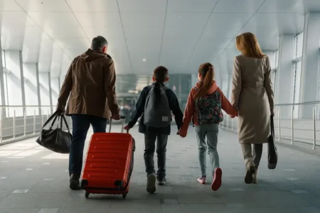 cruise-luggage-rules-2026- Family of four (two adults and two children) walking through a bright airport or cruise terminal, pulling a large red suitcase and ready for their cruise vacation.