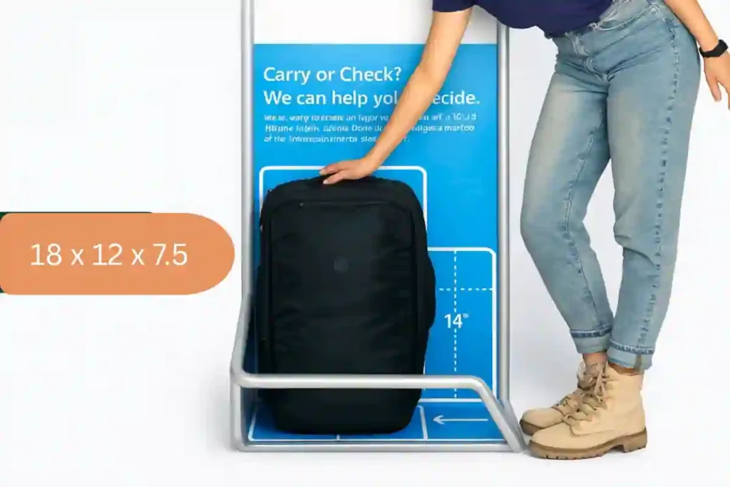 25L travel backpack placed inside an airline carry-on sizer, showing it fits personal item size limits at 18 x 12 x 7.5 inches.