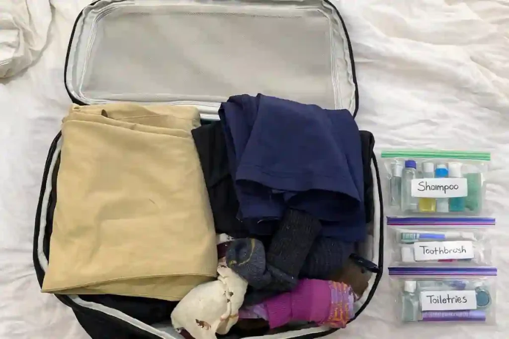 Open 25L travel backpack packed with folded clothes, socks, and TSA-size toiletries, showing real-world one-bag packing capacity.
