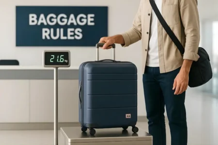Ultimate Guide to American Airlines Baggage Fees & Allowances for 2026 Traveler checking luggage size and weight at airport counter showing American Airlines baggage rules and fees for 2026.