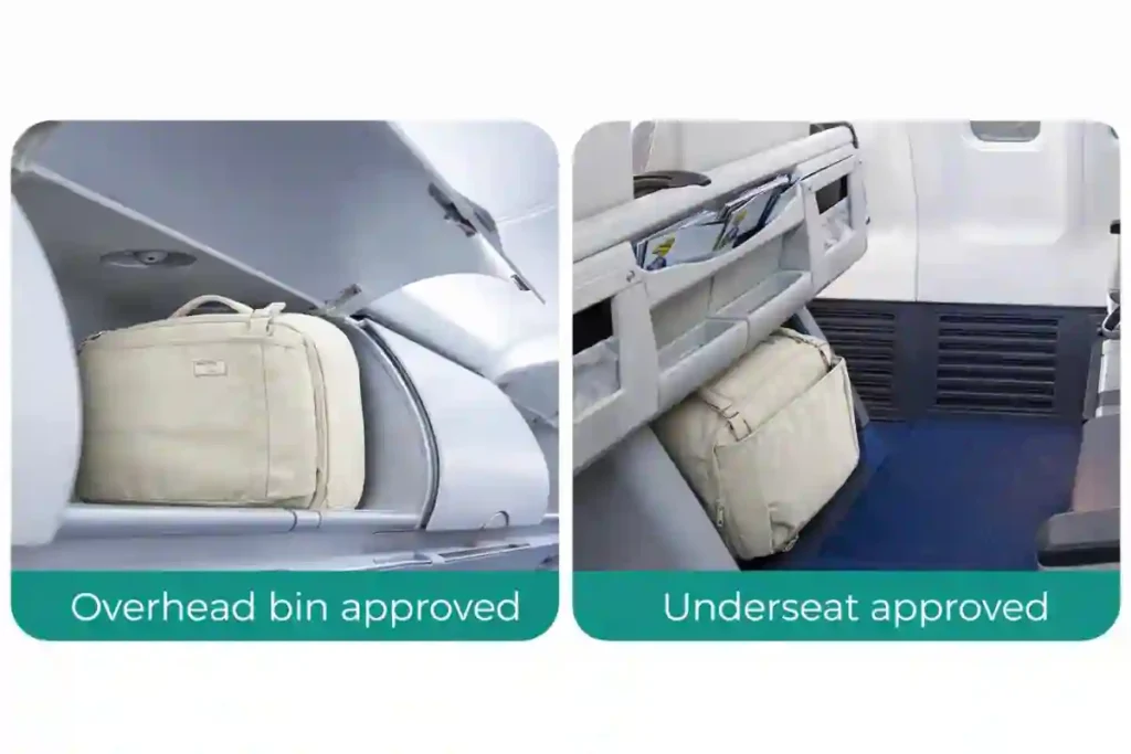 BAGSMART Blast 25L travel backpack shown fitting in airplane overhead bin and under-seat space, confirming carry-on and personal item approval