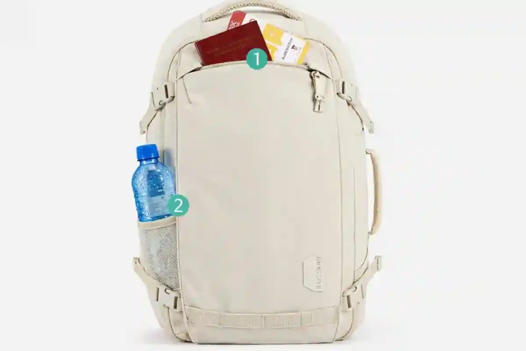 Front view of BAGSMART Blast travel backpack showing quick-access top pocket for passport and documents, side water bottle pocket, and compact carry-on design