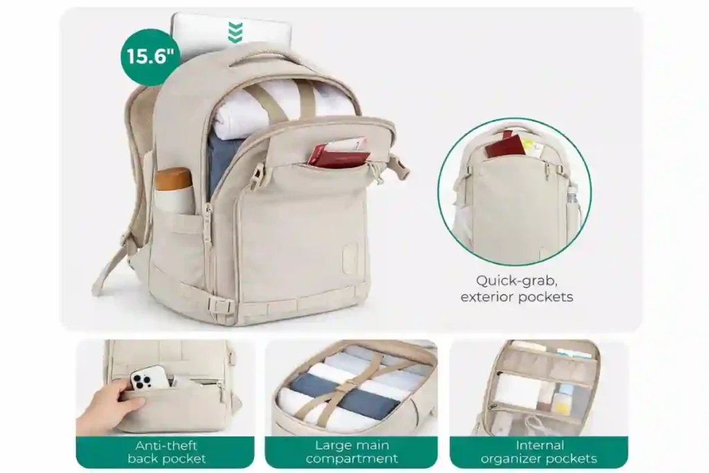 BAGSMART Blast 25L travel backpack showing 15.6-inch laptop compartment, large main storage area, quick-access exterior pockets, anti-theft back pocket, and internal organizer pockets