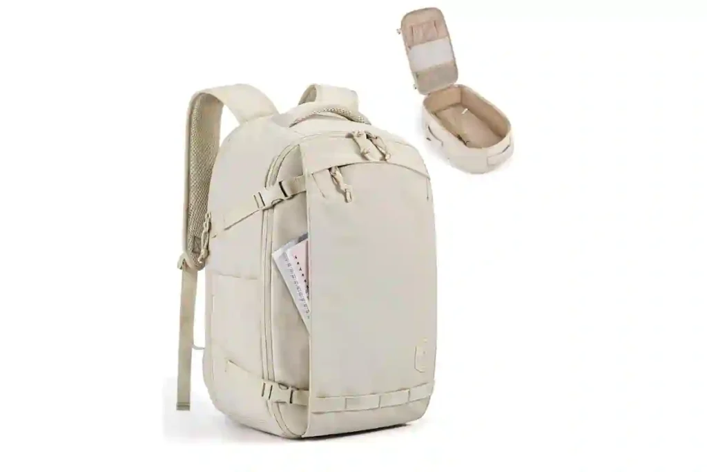 Angled view of the BAGSMART Blast travel backpack showing side zip pocket with notebook storage, compression straps, padded shoulder straps, and a matching organizer pouch