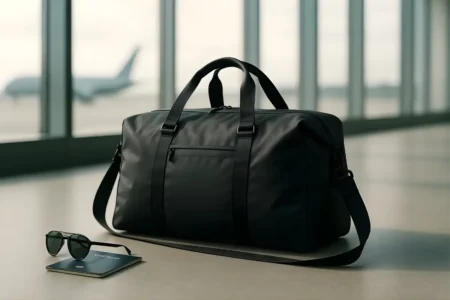 I Tested Dozens of Duffel Bags—Here’s How to Choose the One You’ll Never Replace A modern travel duffel bag displayed neatly with travel accessories, representing how to choose the right duffel bag for different trips and packing needs.