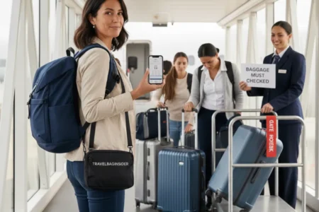 Confident traveler wearing a travel backpack walks past a gate agent who is tagging an oversized blue roller bag for a gate check, illustrating successful carry-on strategy.