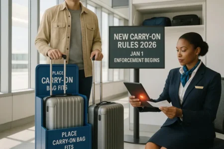 New Carry-On Rules Starting January 1, 2026: Is Your Bag Now Too Big? Traveler placing a carry-on bag into an airline baggage sizer at airport with new 2026 carry-on rules and size restrictions displayed on signage