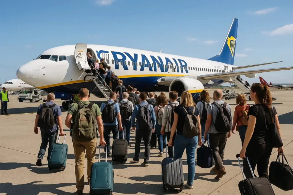 Passengers waiting in line to board a Ryanair plane while carrying small cabin bags, illustrating typical Ryanair hand luggage sizes and boarding process.