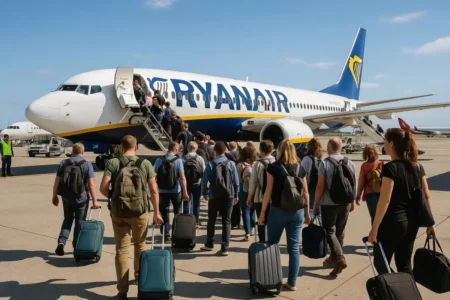 The Ultimate 2026 Ryanair Cabin Bag Guide: Sizes, Fees, & Pro-Tips to Never Pay Extra Passengers waiting in line to board a Ryanair plane while carrying small cabin bags, illustrating typical Ryanair hand luggage sizes and boarding process.