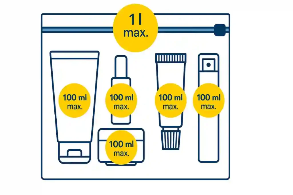 The Ultimate 2026 Ryanair Cabin Bag Guide: Sizes, Fees, & Pro-Tips to Never Pay Extra 14 Clear airport liquids bag with 100ml travel toiletries arranged according to Ryanair’s 2026 cabin baggage rules, including sanitizer, shampoo, lotion, and perfume.