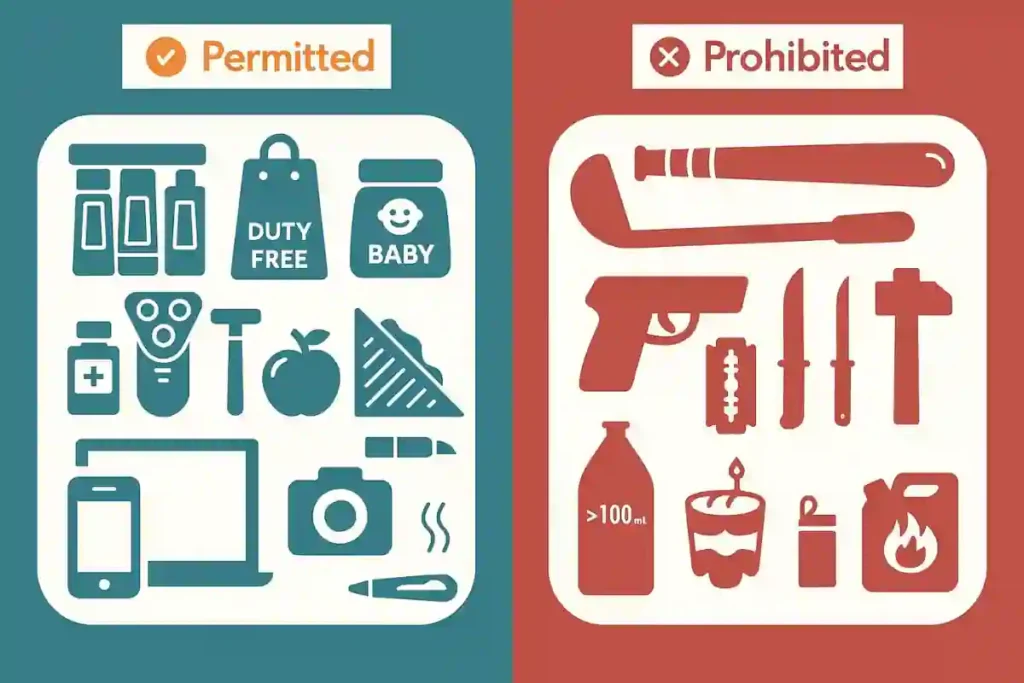 The Ultimate 2026 Ryanair Cabin Bag Guide: Sizes, Fees, & Pro-Tips to Never Pay Extra 15 Flat-lay of items banned in Ryanair carry-on luggage, including sharp objects, oversized liquid bottles, tools, aerosols, and restricted items at security.