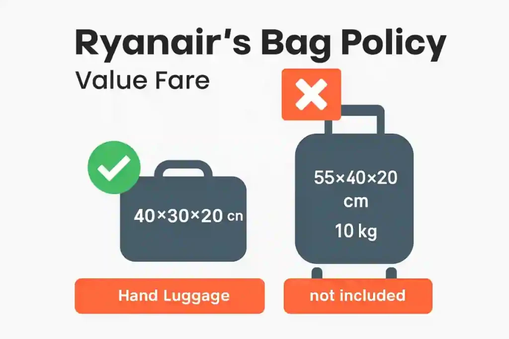 The Ultimate 2026 Ryanair Cabin Bag Guide: Sizes, Fees, & Pro-Tips to Never Pay Extra 1 Ultimate 2026 Ryanair Cabin Bag Guide -
Small under-seat bag next to Ryanair’s 40×30×20 cm size reference, representing the Value Fare baggage allowance.