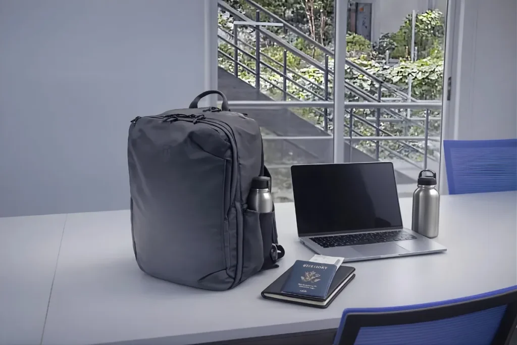 25L Tortuga Daily Carry Pro backpack standing on a desk, showing its compact underseat-friendly design for airline travel.