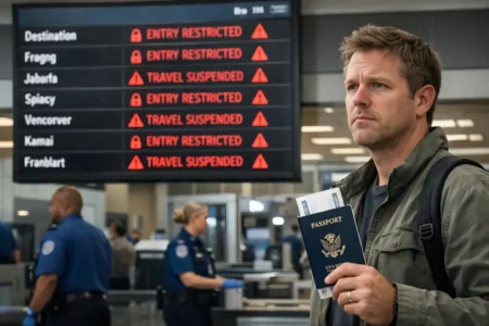 Digital airport display showing the 2026 U.S. travel ban list with 39 restricted countries and a TSA automated bag scanner.