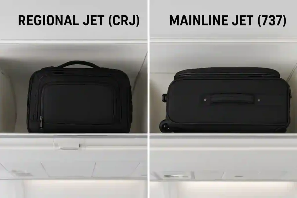 Gate Checked Luggage: What It Means and 5 Expert Tips to Avoid It 3 Graphic contrasting the small overhead bin space on a regional jet (CRJ), where a roller bag won't fit, with the larger bin space on a mainline jet (Boeing 737).