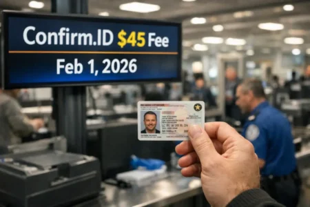 Flying Without a REAL ID in 2026: TSA $45 Confirm.ID Fee, Rules & Accepted IDs Traveler at TSA airport security holding a driver’s license with a REAL ID star and a screen showing the $45 Confirm.ID fee starting Feb 1, 2026