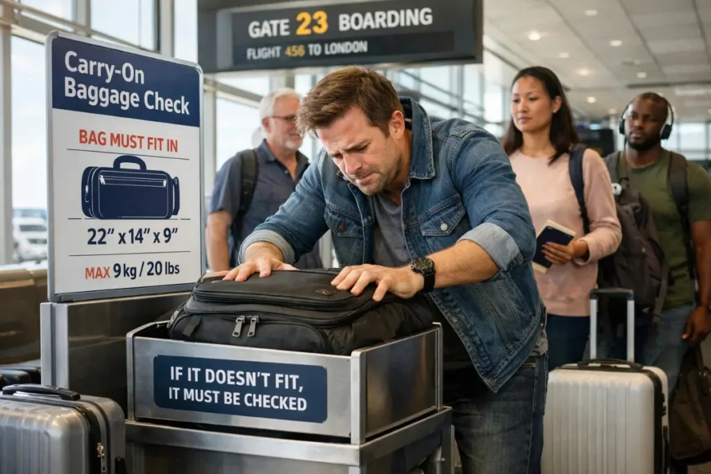 How I Avoid Carry-On Bag Fees: 5 Tips to Stop Your Bag From Being Gate-Checked traveler at an airport gate attempting to fit a suitcase into a metal luggage sizer while a gate agent watches near a 'bins full' sign.