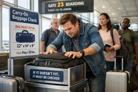 traveler at an airport gate attempting to fit a suitcase into a metal luggage sizer while a gate agent watches near a 'bins full' sign.
