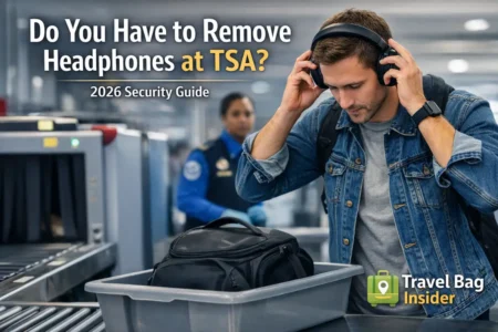 Do TSA Rules Require You to Take Off Your Headphones? (2026 Complete Guide) A passenger wearing wireless earbuds while verifying identity at a TSA Touchless ID facial recognition kiosk.