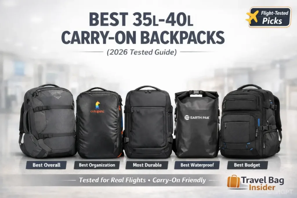 est 35L–40L carry-on travel backpacks for flights in 2026 including Osprey Farpoint 40L, Cotopaxi Allpa 35L, tomtoc Navigator-T66, Earth Pak Roll-Top and MATEIN backpack