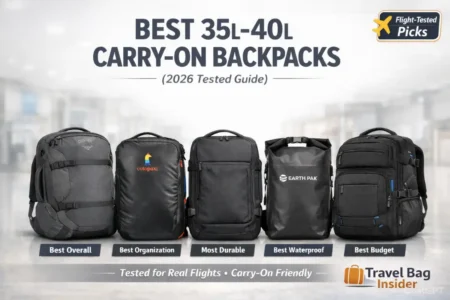 est 35L–40L carry-on travel backpacks for flights in 2026 including Osprey Farpoint 40L, Cotopaxi Allpa 35L, tomtoc Navigator-T66, Earth Pak Roll-Top and MATEIN backpack