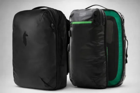 Cotopaxi Allpa 28L vs Cor Surf Island Hopper 2.0 28L travel backpack comparison showing size and design differences