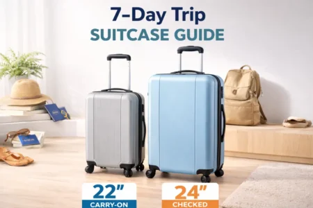 omparison of a 22-inch carry-on suitcase and a 24-inch checked suitcase for a 7-day trip, showing size difference with travel essentials like passport, backpack, and sunglasses in a bright, modern setting.
