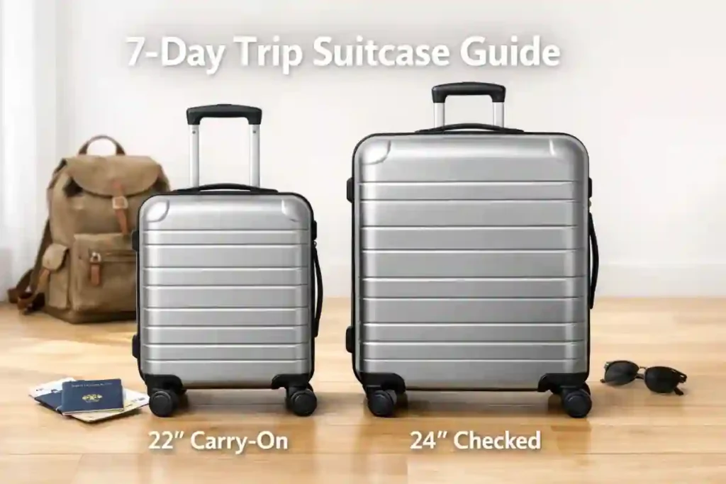 What Size Suitcase for a 7-Day Trip? 22 vs 24 Inch Luggage Size Guide (2026) 1 omparison of a 22-inch carry-on suitcase and a 24-inch checked suitcase for a 7-day trip, showing size difference with travel essentials like passport, backpack, and sunglasses in a bright, modern setting.