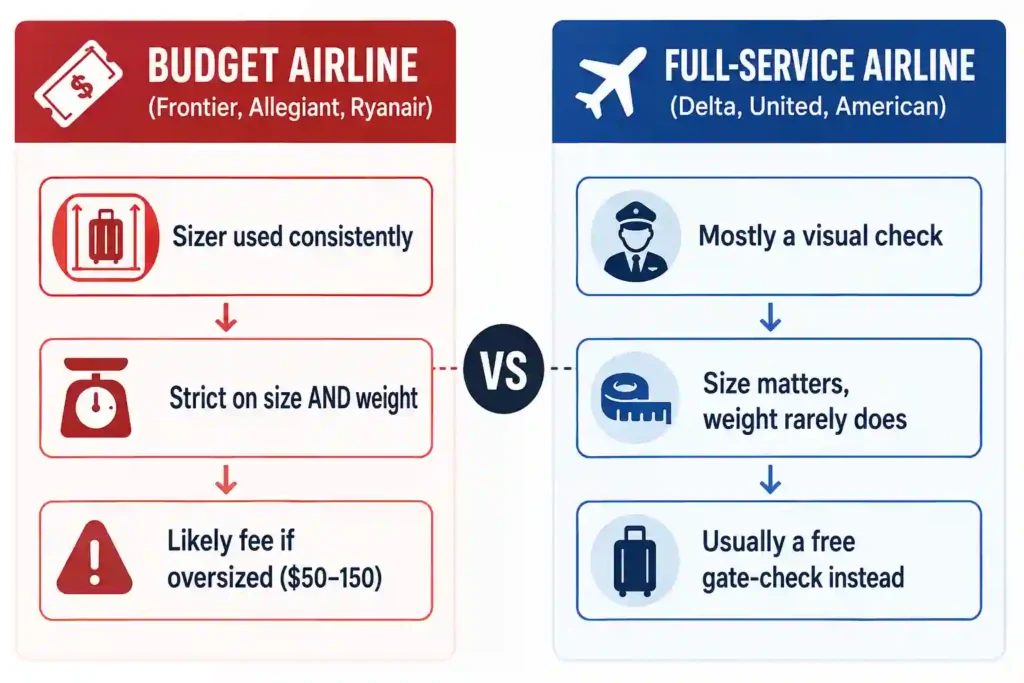 Are Airlines Really Strict About Carry-On Size in 2026? 1 Passenger testing a carry-on suitcase in an airline sizer box at the boarding gate